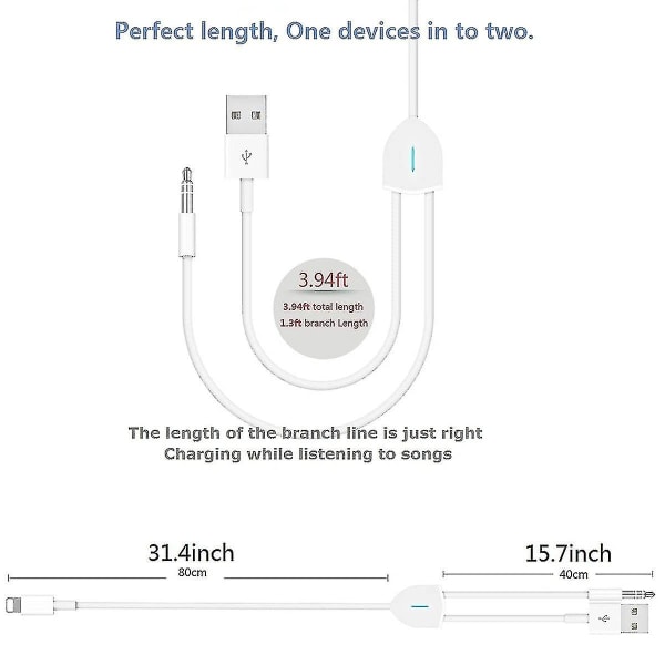 Kompatibel [opgraderet] 2 i 1 lydopladningskabel kompatibel med iPhone/iPad, oplad og afspil musik samtidigt understøtter bilstereo/spe