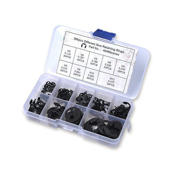 E-clips sæt i kulstofstål, låsering, opbevaringsboks 260x assorteret 2 til 12 mm db