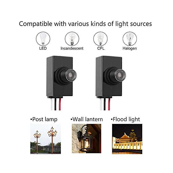 Skumring til daggry sensor 2 pakker, fotocelle lyssensor til udendørsbelysning, 120-277v fotoelektrisk Sw [DB] black