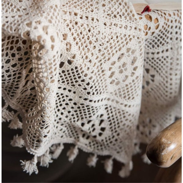 Heklet bomullshåndkle rundt bordduk støvtett bordtrekk hjemmekjøkken dusk skyterekvisitter (beige)