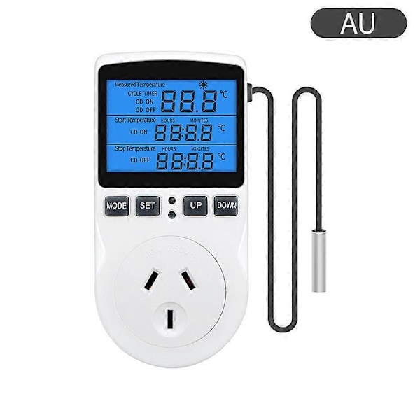 Digital Termostat, 230V Temperaturregulator Sokkeluttak, 13A Timerbryterplugg med Sensor for Reptil Drivhus Hjemmefermentering db AU