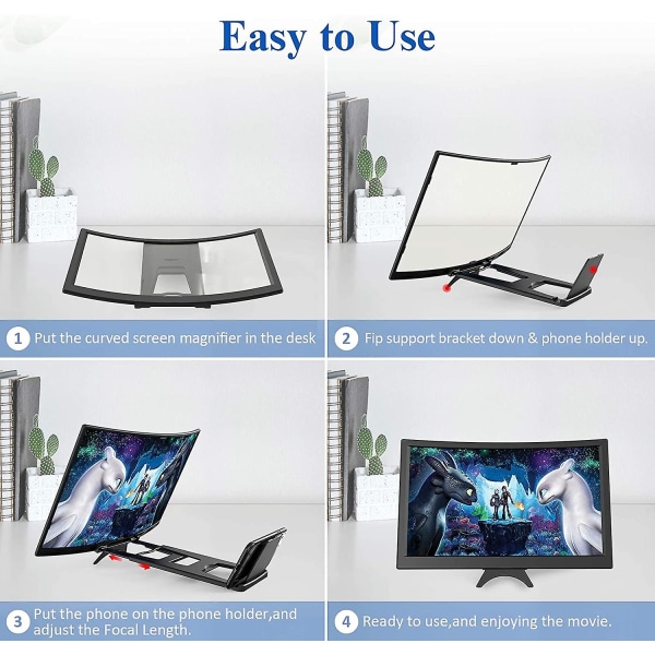 12" buet skjermforstørrer kompatibel med mobiltelefon - 3d HD-forstørrelsesprojektor skjermforstørrer kompatibel med filmer, videoer og spill