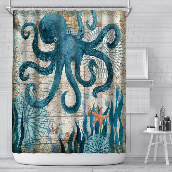 Nordic submarine plant waterproof and mildew-proof shower curtain punch-free printing bathroom curtain (180*180)