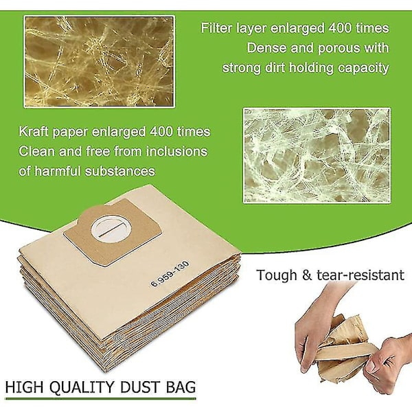 10 st dammsugarpåsar för 6.959-130.0 papperspåsar för Wd3 Wd3p Wd3 Premium dammsugare Db