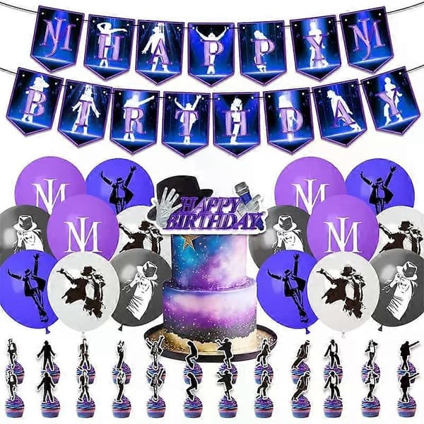 Michael Jackson Gratulerer med dagen festdekorasjon banner ballong cupcake topper Set B