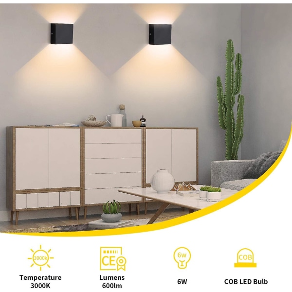 2 kpl LED-seinävalaisimet sisätiloihin ylös ja alas seinävalaisimet musta 6W alumiini [DB]