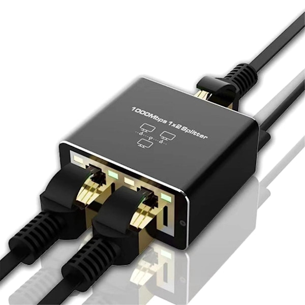Ethernet-delare 1 in 2 Uttag Hög Hastighet 1000Mbps RJ45 Delare Adapter för Cat5/5E/6/7/8 Kabel R [DB] Black