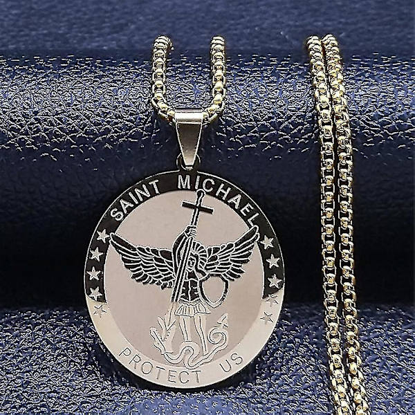 Syv Ærkeengle Amulet Rustfrit Stål Halskæder Mænd Segl af Salomon Talisman Halskæde Beskyttelse Smykker Krave Hombre_lldxm Db C 60cm BOX GD