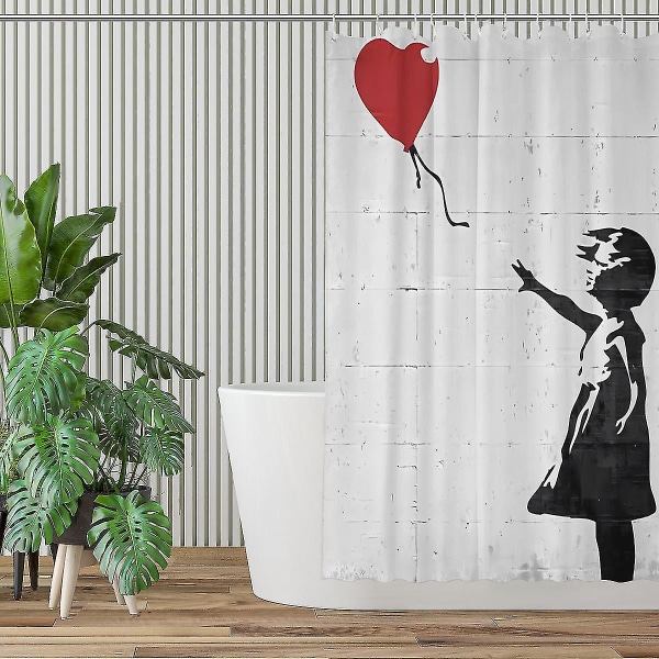 Extra lång duschdraperi Banksy Girl With Heart Balloon mögelbeständig tvättbar viktad badrumsdraperi  [dB} 70x84 Inch