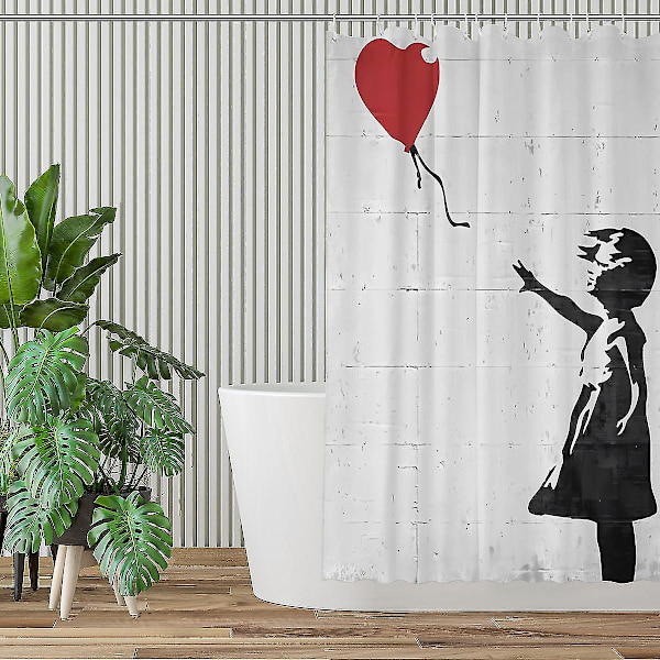 Extra lång duschdraperi Banksy Girl With Heart Balloon mögelbeständig tvättbar viktad badrumsdraperi  [dB} 72x80 Inch