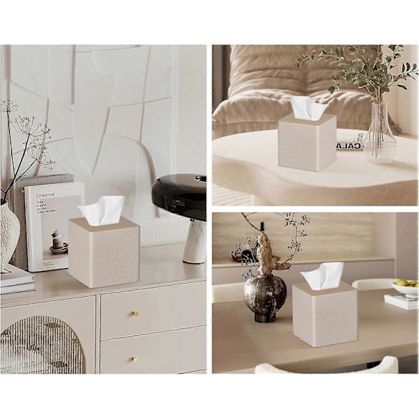 Servettbox Fyrkantig PU Läder Ansiktsservettboxhållare för Sminkbord Badrumsinredning -Qin [DB] Beige
