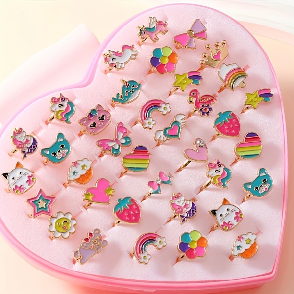 Børne Ringe til Piger, 36-delt Justerbar Prinsesse-Tema Tegneserie Sød Emalleringsringe Sæt, Zink Legering, 18K Guldbelagt, Ingen Mosaik, Aldre 3-14{db} One Size Fits All