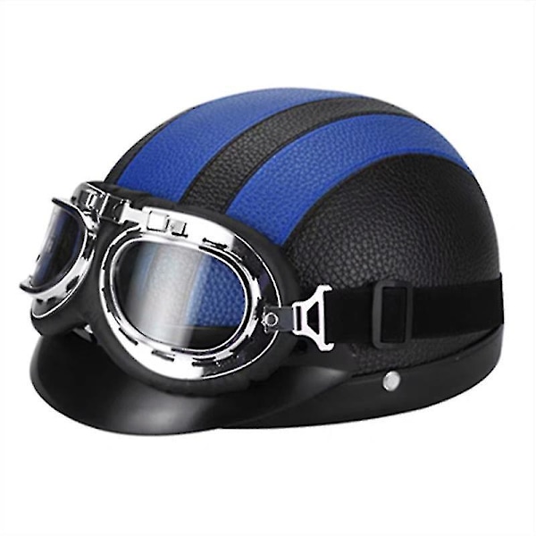 Retro Motorcykel Läder Halvhjälm Med Glasögon db Blue