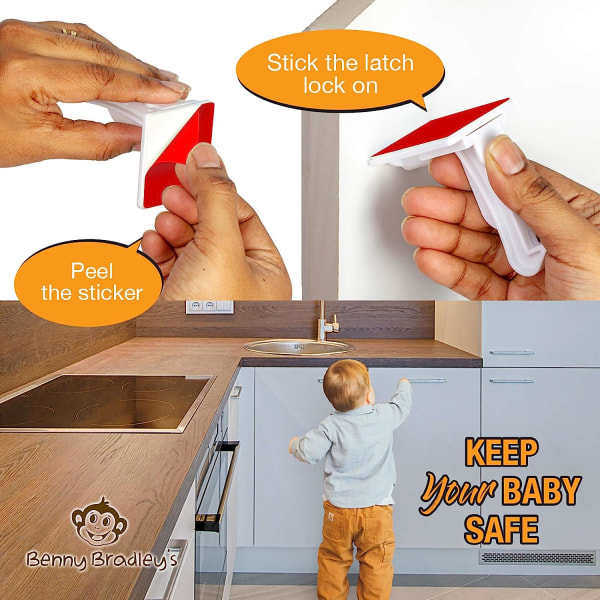 Uppgraderade osynliga babysäkra skåpspärrar (paket med 10) - Installerar inga borrningar eller verktyg