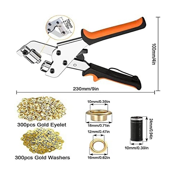 Øyeplettang for presenninger, øyeplettangsett med 300 øyespleiser (diameter 10 mm), øyeplettang 10 mm for [db]