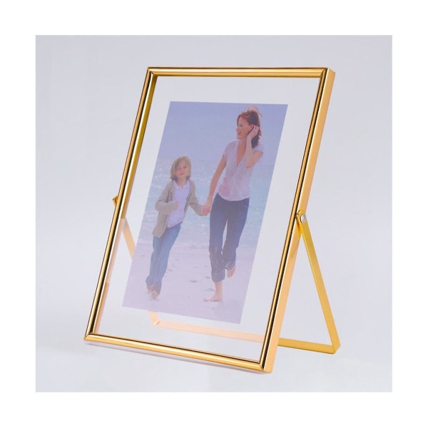 Gold Floating Picture Frame Set Of 2, Gift Metal Glass Photo Frames, For Tabletop Display Verticall