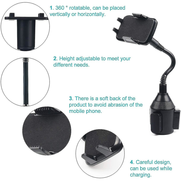 Universal bilhållare med 8,4 cm flexibel hals, justerbar monteringshållare på bilmugghållare, för smartphone och telefon