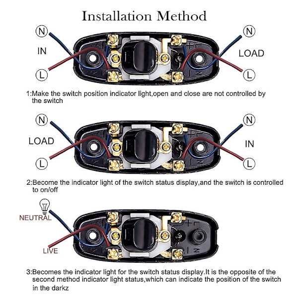 2 kpl musta lamppukytkin, linjakytkin 250v 10a välikytkin LED-merkkivalolla, linjajohdon kytkin