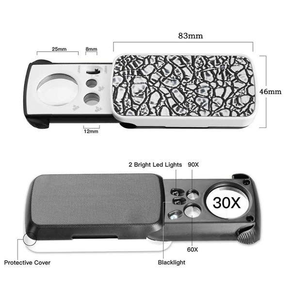 2 st 30x 60x 90x utdragbar smyckeslupp med LED-lampa hopfällbar smyckeslupp