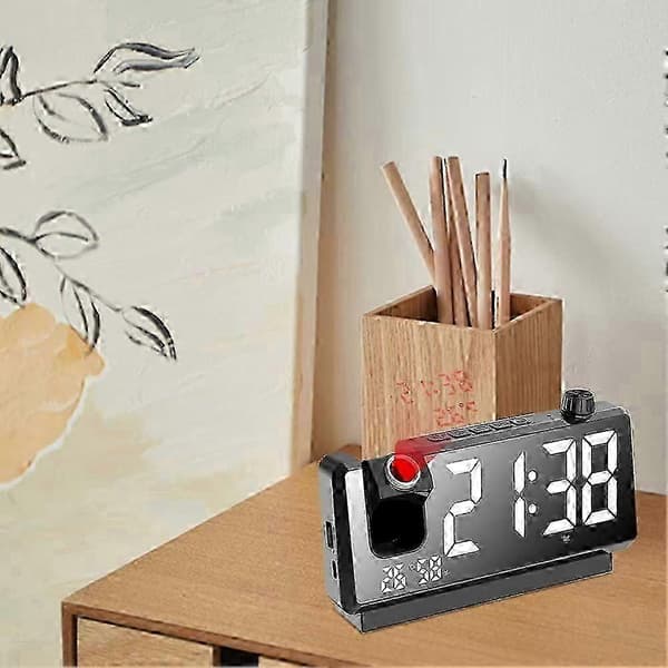 Projektionsväckarklocka med HD LED-display, 180° roterbar digital projektor för sovrummet White