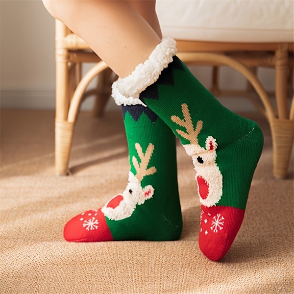 Julklappssockor med älgmönster, Tjocka Varma Plushfodrade Hemsockor, Damstrumpor & Strumpbyxor db Green - 1 Pair One-size