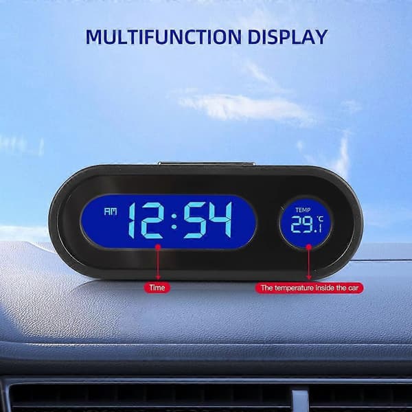 Kompakt Digital Bilur - Lysende med LCD-baggrundsbelysning - Termometer, Tidsvisning, Biltilbehør [DB] black