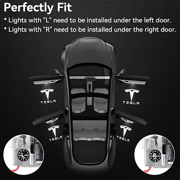 Tesla bildörrslampa projektor för modell 3, modell Y, modell S, modell X - 4 st/förpackning [db]