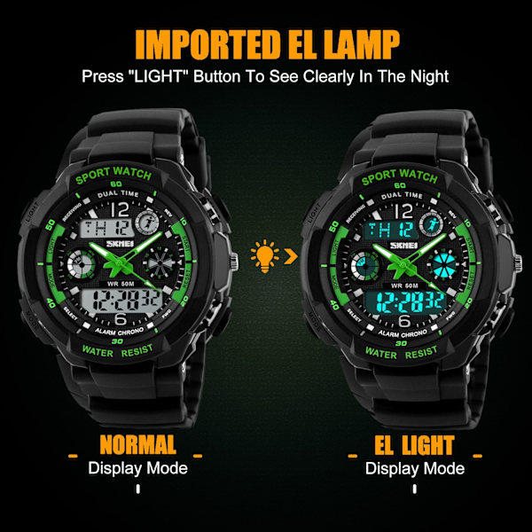 Pojkar Digital Klocka - 50M Vattentät Utomhus Sport Analog med Alarm/Timer/Dubbel Tidszon/LED-Ljus