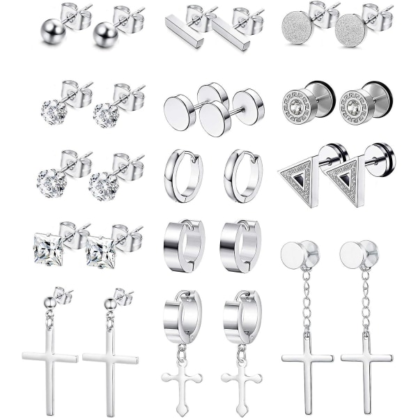 14 par rustfrit stål hængende krydsøreringe: øreringe til mænd og kvinder i sølv og sort