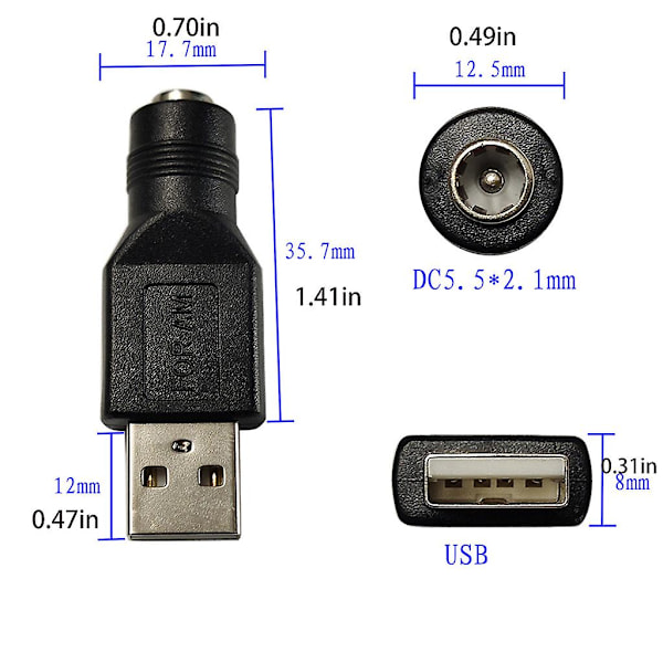 Svart USB til DC-adapter USB 2.0 A Hunn til DC 5,5x2,1 mm Strømadapter db