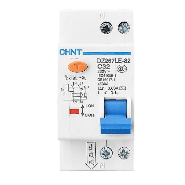 1 st CHNT CHINT DZ267LE-32 1P+N DPNL 6A 10A 16A 20A 25A 32A Jordfelsbrytare RCBO MCCB 36MM [DB] 20A 1P 1N
