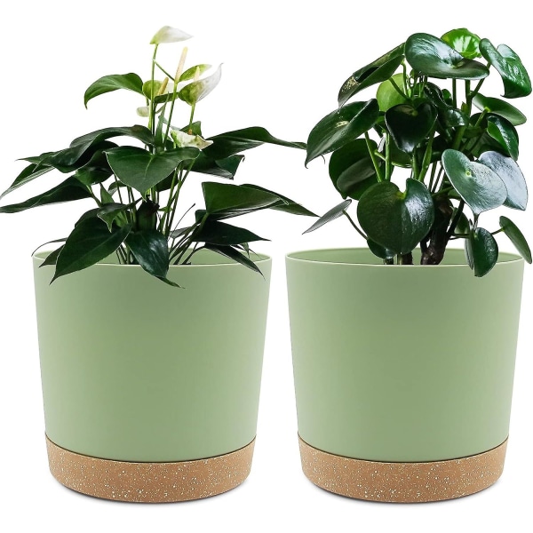 Set med 2 krukor 16 cm, växtkrukor inomhus med dräneringshål och avtagbar botten, modernt dekorativt fat för plantering utomhus (grön 16 cm)