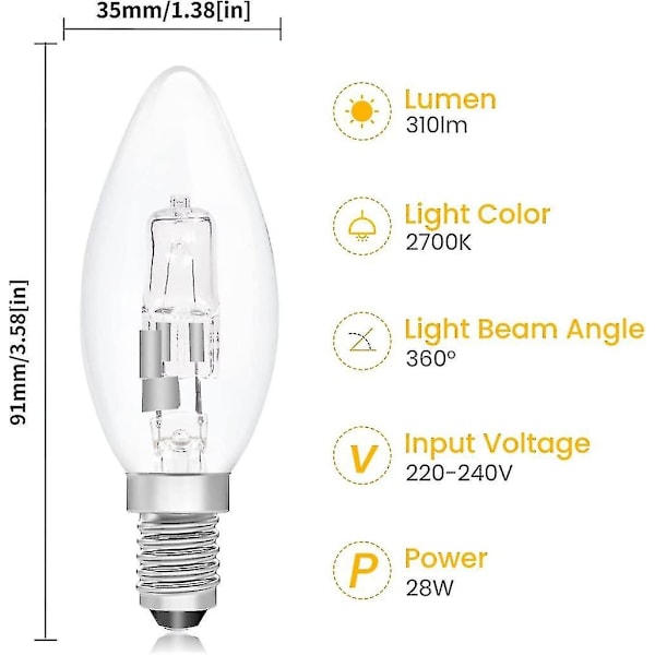 10 Pak B15d Halogenpærer, Dæmpbar 42w C35 Halogen Lyspære 42w B15d Eco Halogenpærer B15d Lyspærer Lille Bajonet [Db]