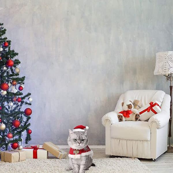 Julekostume til kat, kæledyrs-julemandskappe med bjælder, sød julehue, et sæt søde gaver til hunde[DB]