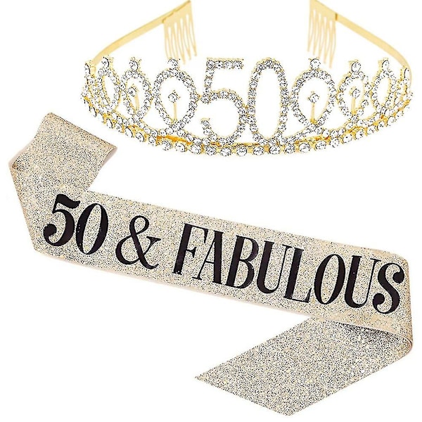 Kvinners glitrende strass-bokstavtrykt sash og tiara-sett for bursdagsfest [Db] Golden 50 Years Old