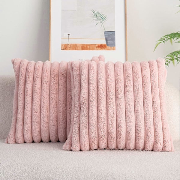 Pakkaus, jossa 2, Kaksipuolista Tekoturkis Pehmo Koristeellista Heittotyynynpäällistä, Hämärä Raidallinen Pehmeä Tyynyliina Tyynynpäälliset Pinkki 20x20 tuumaa db