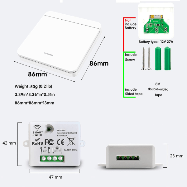 Langaton valokatkaisin, 10a relevastaanotinohjain, helppo asennus, valaistukseen jopa 1500w