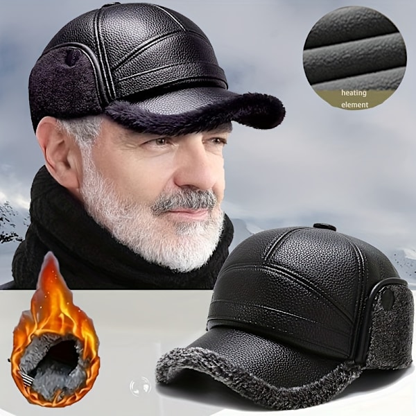 Varm vintermössa för män med fleecefoder, vattentätt konstläder och multifunktionell knapphalsvärmare - Perfekt för unga till medelålders män db Black (gray Plush)