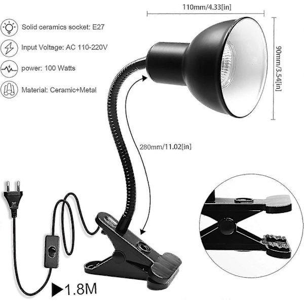 Skildpadde Varmelampe Til Reptil Akvarium, Skildpadde Med 2 Uva Uvb Pære Bage Lampe Justerbar 360 Grader Roterende Klip Til Skildpadde Slange Akvarium [DB]