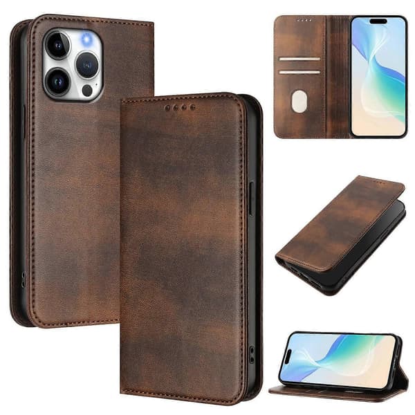 Retro tekstur RFID-blokerende læder telefoncover til iPhone 16 Pro Max Wallet Cases [DB] Multicolor Brown