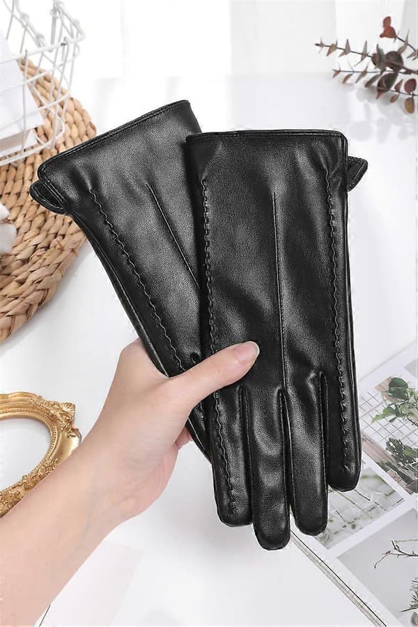 Damelæderhandsker Vinter Bløde Anti-Slip Touchscreen Varme Foret Handsker DB Black