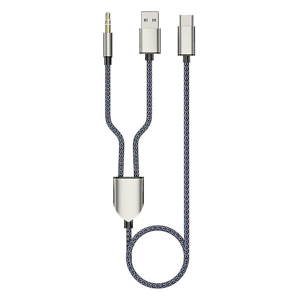1 Dela 2 Typ C till USB A 3,5 mm Aux-kabel Stereo Hifi-ljud för bilhögtalare Blue