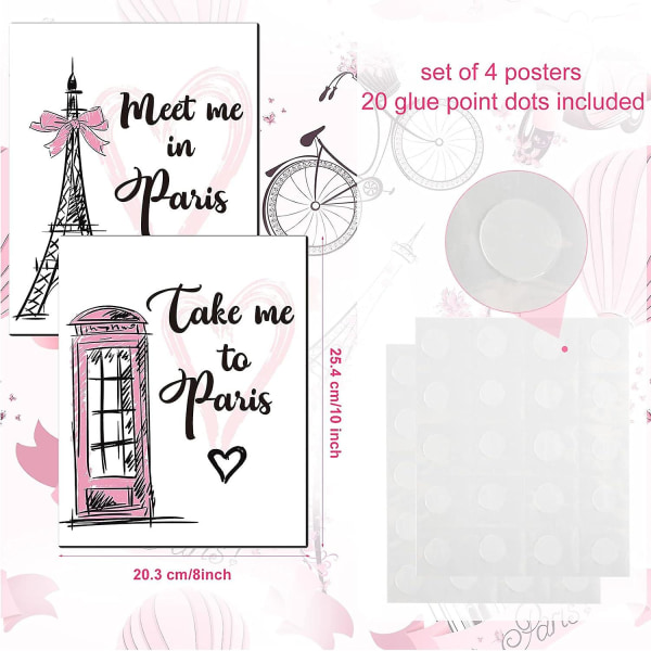 Paris veggkunsttrykk - Eiffeltårnet, telefonkiosk (4 stykker, 8x10 tommer)