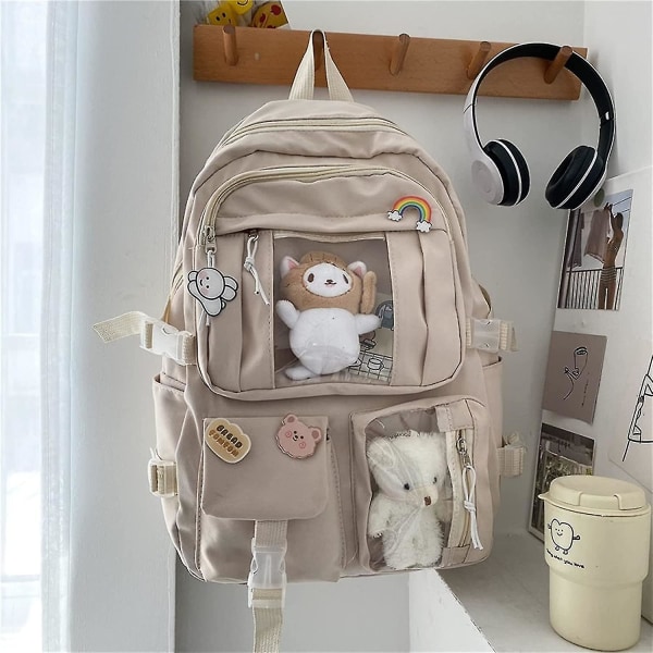 Rygsæk Sød Æstetisk Skoleartikler Anime Dyr Med Pins Bjørn Vedhæng Fisk Kat Kitty Daypack Japansk Stil Bogtaske Tegneserie Lapto