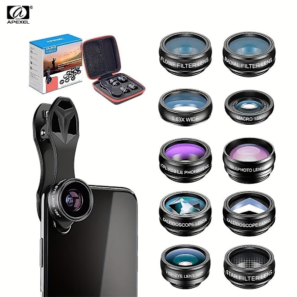Apexel 10 i 1 Telefon Kamera Linse Kit Vidvinkel/Makro/Fisheye/Telefoto/CPL/Flow/Radial/Stjernefilter/Kalejdoskop Linse [DB] Black
