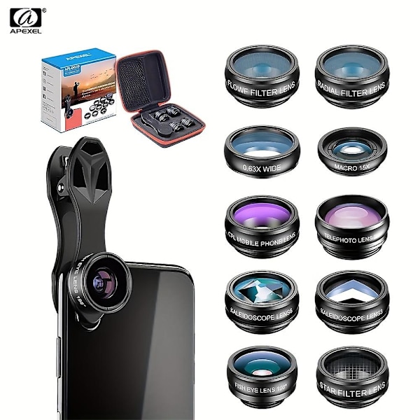 Apexel 10-i-1 Telefonkameraobjektivkit Vidvinkel/Makro/Fisheye/Teleobjektiv/CPL/Flow/Radial/Stjärnfilter/Kalejdoskoplins [DB] Black