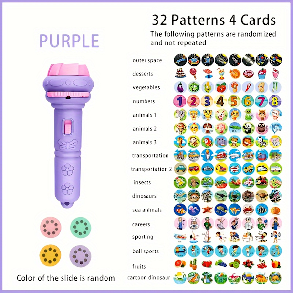 Morsom projeksjonslommelykt: Stimuler fantasien med 32 mønstre og 4 kort - Passer for aldre 3-12 [DB] Purple
