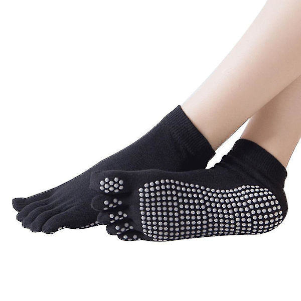 Sokker for kvinner og menn med full tå, sklisikker grep, tilbehør for yoga, barre, pilates, dans, ballett [db] Black all fingers