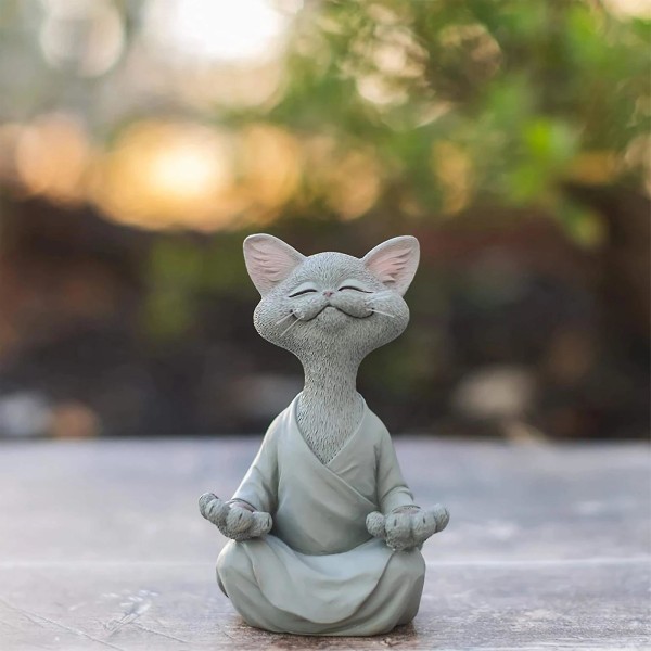 Luova Musta Buddha Cat Patsas Meditaatio Jooga Kissan Kodinsisustus (harmaa)