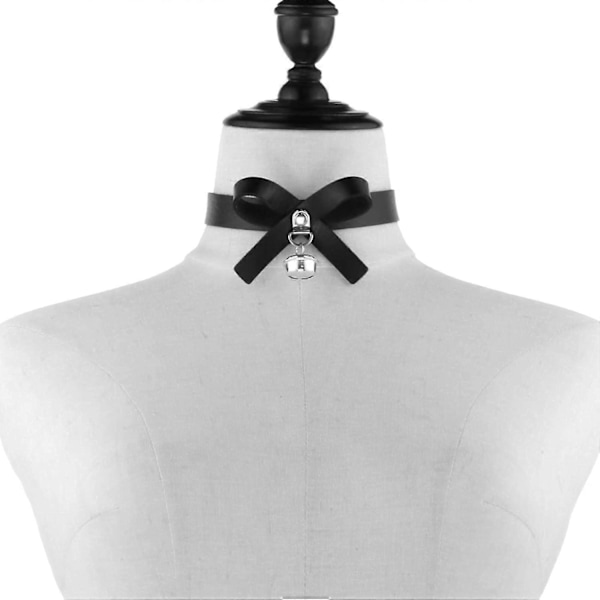 Svart Läder Fluga Halsband med Bjällra, Justerbart PU Halsband med Kedja Koppelsats [DB]